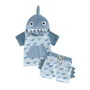 Boys Shark Print Hooded Top 2 piece Set